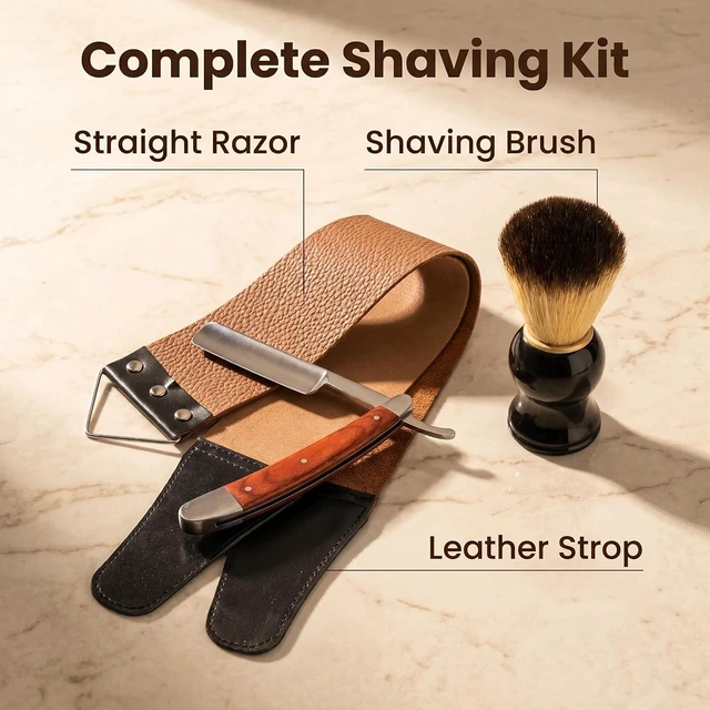 Alt view image 2 of 7 - Straight Razor Shaving Kit with Leather Strop & Brush for Men