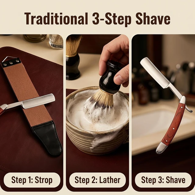 Alt view image 4 of 7 - Straight Razor Shaving Kit with Leather Strop & Brush for Men