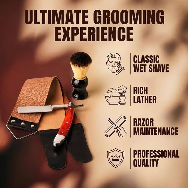 Alt view image 3 of 7 - Straight Razor Shaving Kit with Leather Strop & Brush for Men