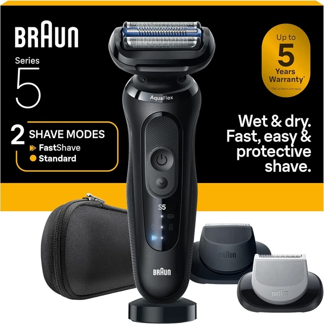 Main image of Braun Series 5 Electric Shaver for Men, Wet & Dry Foil Razor, Precision Trimmer Attachment, Body Groomer Attachment, Charging Stand, Travel Case, Black 5155cs