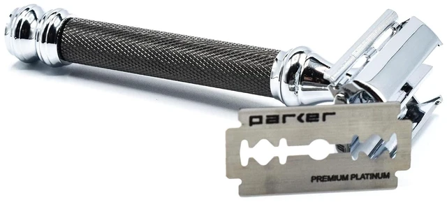 Alt view image 2 of 7 - Parker 76R Gunmetal Butterfly Double Edge Safety Razor, Long Knurled Handle