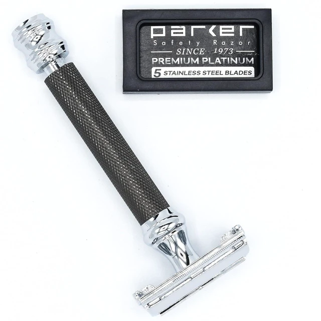 Alt view image 3 of 7 - Parker 76R Gunmetal Butterfly Double Edge Safety Razor, Long Knurled Handle