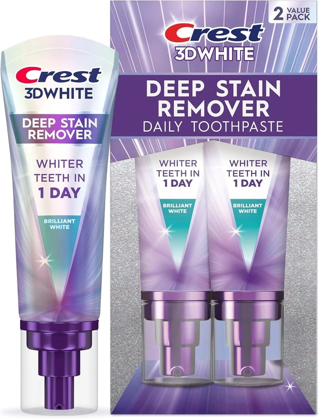 Main image of Crest 3D White Deep Stain Remover Brilliant White Toothpaste, 3.1 oz (Pack of 2), Whiter Teeth in 1 Day, Enamel Safe Fluoride Toothpaste for Fast Stain Removal and Prevention