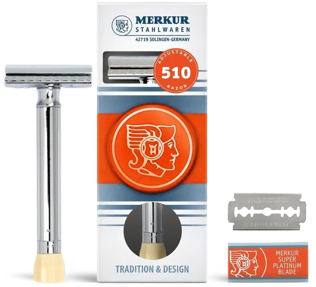 Main image of MERKUR Progress 510 Adjustable Double Edge Safety Razor - Long Handle Adjustable Razor With Dial Made in Germany Plastic-Free Closed Comb Straight Bar