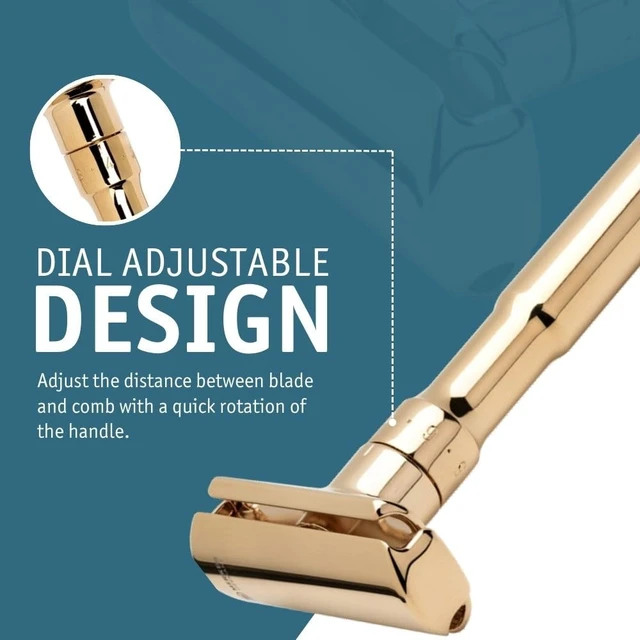 Alt view image 6 of 6 - MERKUR FUTUR 702 Adjustable Double Edge Safety Razor - Bright Gold, Adjustable Razor With Dial, Made in Germany, Plastic-Free, Snap-On Cap Design, Straight Bar