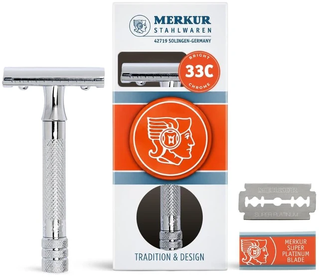 Main image of MERKUR 33C Double Edge Safety Razor, Three-Piece Design, Closed Comb, Short Handle, Bright Chrome Finish, Made in Germany