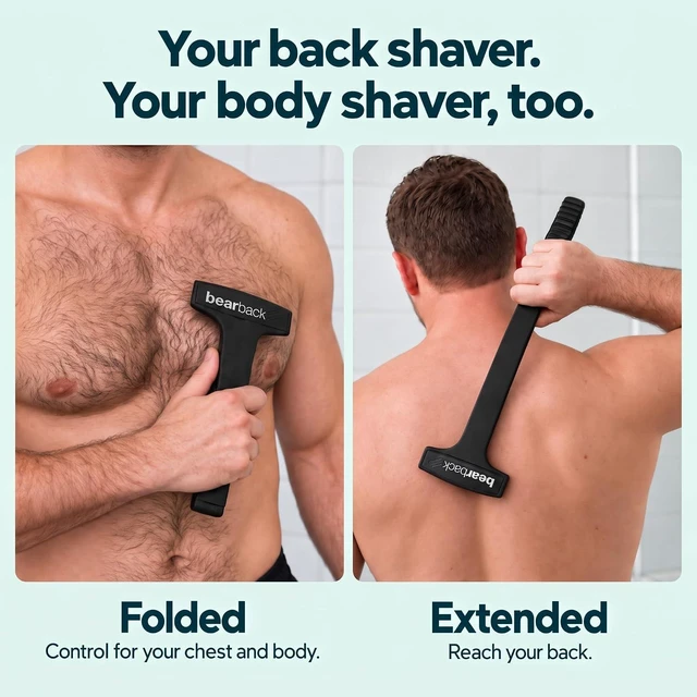 Alt view image 3 of 5 - Bearback Back Shaver for Men - Effortless Reach 17 Folding Handle for a Smooth Solo Shave - Pivoting Triple Blade Technology, Part of the Bearback Interchangeable Grooming System