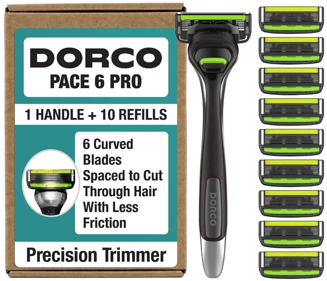 Main image of Dorco Pace 6 Pro Men's Razor - Six Blade Razor System with Trimmer, Vitamin E & Aloe Vera Strip - 10 Cartridge Refills + 1 Handle