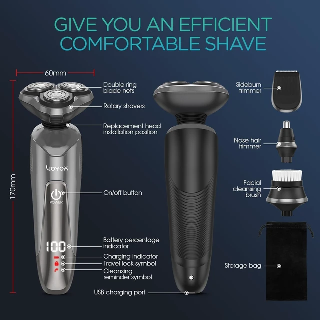 Alt view image 7 of 7 - VOYOR Electric Razor for Men, Rotary Shaver, 3D Floating Heads, Wet & Dry