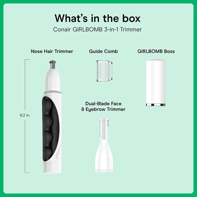 Alt view image 7 of 7 - Conair Girlbomb Nose, Face & Brow Trimmer with Attachments, Cordless, White