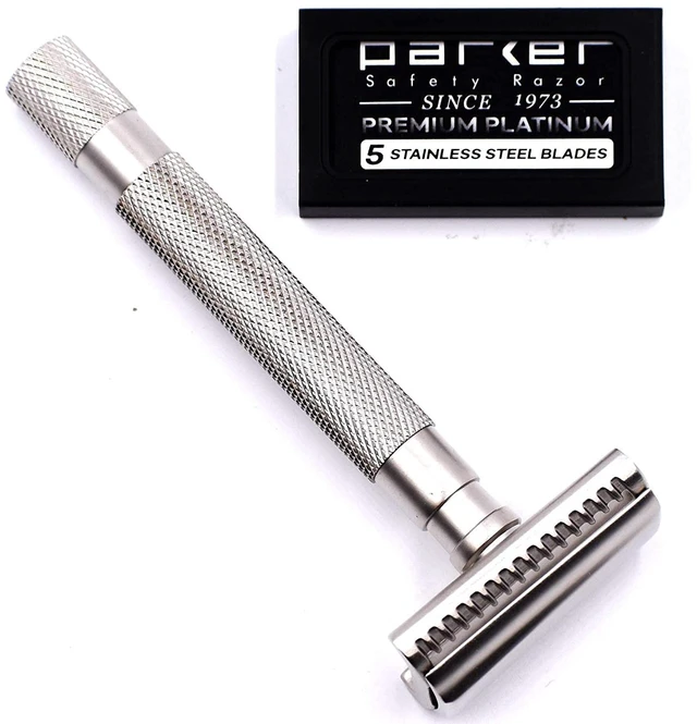 Main image of Parker Semi-Slant Safety Razor Satin Chrome Finish | Smooth, Efficient Double Edge Wet Shaver for Men | Slanted Cutting Action + 5 Platinum Blades Included | Iconic Brand