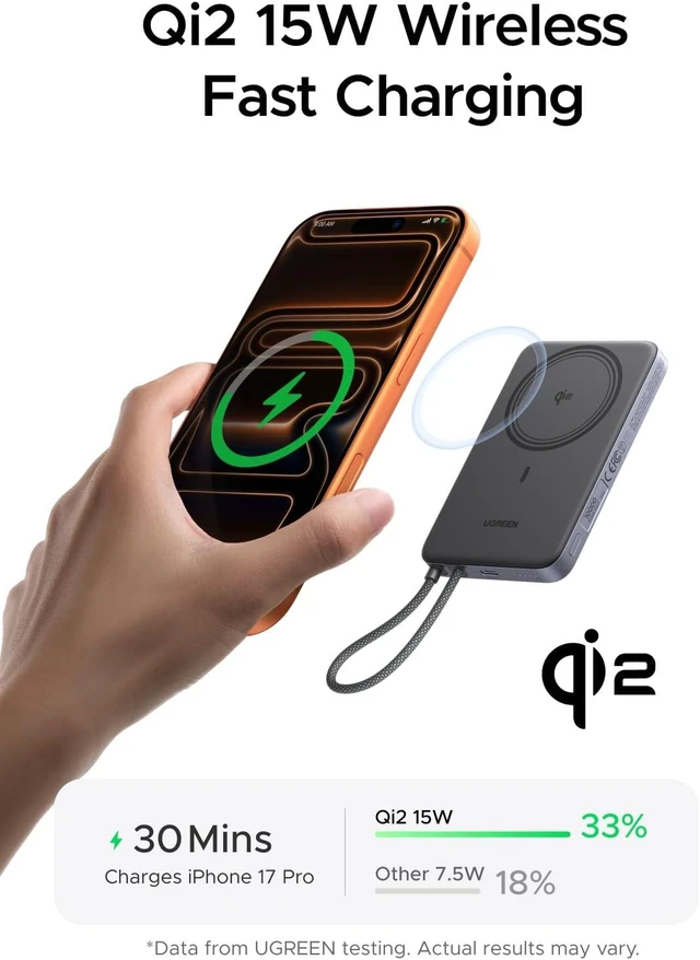 Alt view image 2 of 7 - UGREEN Magflow Air 10000mAh Qi2 15W Wireless Power Bank Built-in Cable