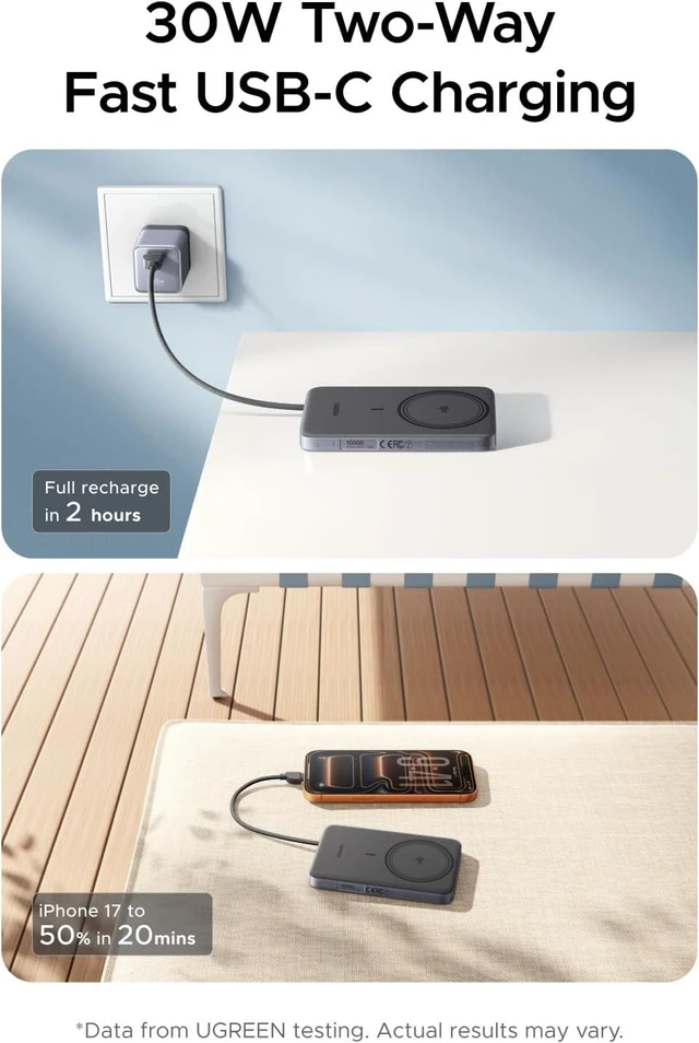 Alt view image 3 of 7 - UGREEN Magflow Air 10000mAh Qi2 15W Wireless Power Bank Built-in Cable
