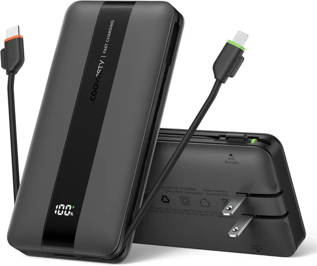 Main image of Portable Charger with Wall Plug, Fast Charging Power Bank Built-in Cables, Slim 10500mAh 22.5W 4 Outputs 3 Inputs LED Display External Battery Pack Compatible with iPhone/Android (Black)