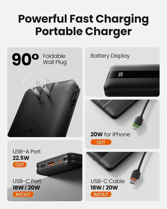 Alt view image 2 of 7 - Portable Charger with Wall Plug, Fast Charging Power Bank Built-in Cables, Slim 10500mAh 22.5W 4 Outputs 3 Inputs LED Display External Battery Pack Compatible with iPhone/Android (Black)