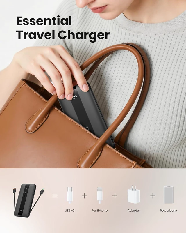Alt view image 5 of 7 - Portable Charger with Wall Plug, Fast Charging Power Bank Built-in Cables, Slim 10500mAh 22.5W 4 Outputs 3 Inputs LED Display External Battery Pack Compatible with iPhone/Android (Black)