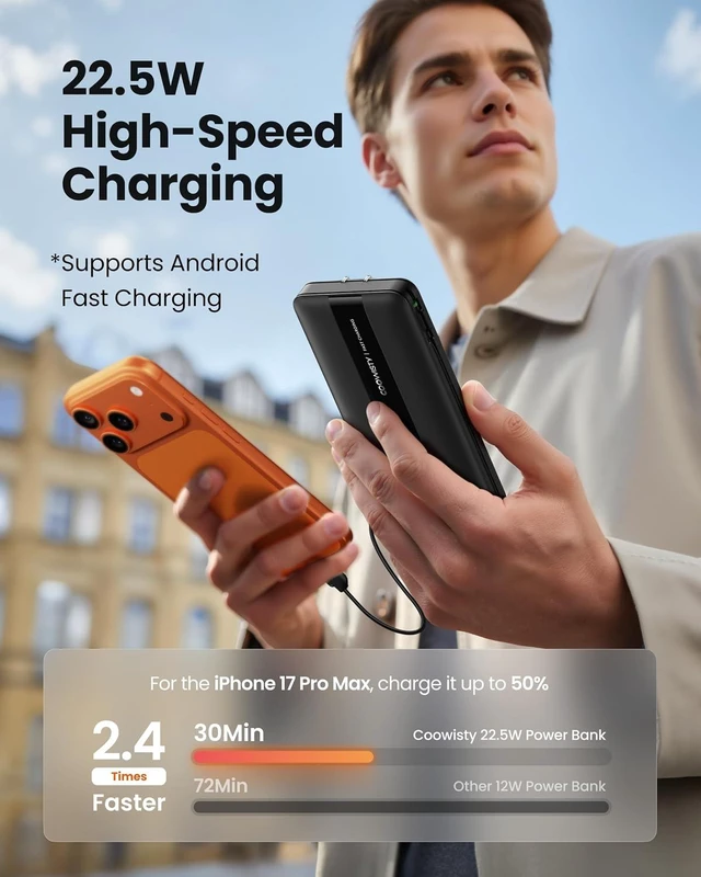 Alt view image 6 of 7 - Portable Charger with Wall Plug, Fast Charging Power Bank Built-in Cables, Slim 10500mAh 22.5W 4 Outputs 3 Inputs LED Display External Battery Pack Compatible with iPhone/Android (Black)