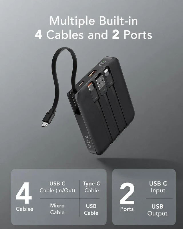Alt view image 2 of 7 - VRURC Portable Charger Built-in 4 Cables, 10000mAh Fast Charging Power Bank