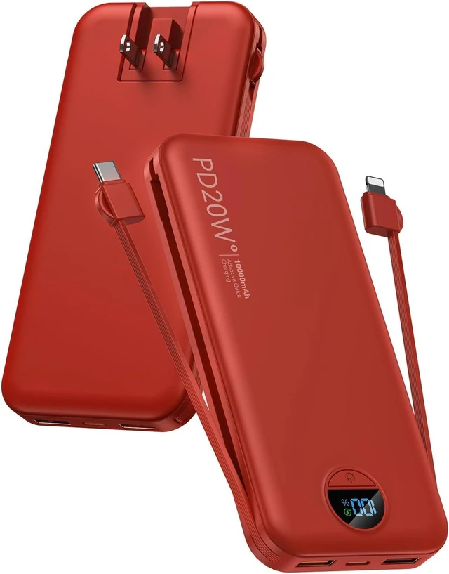 Main image of citicr Portable Charger 10000mAh PD20W w/Built-in Cables & Wall Plug Red