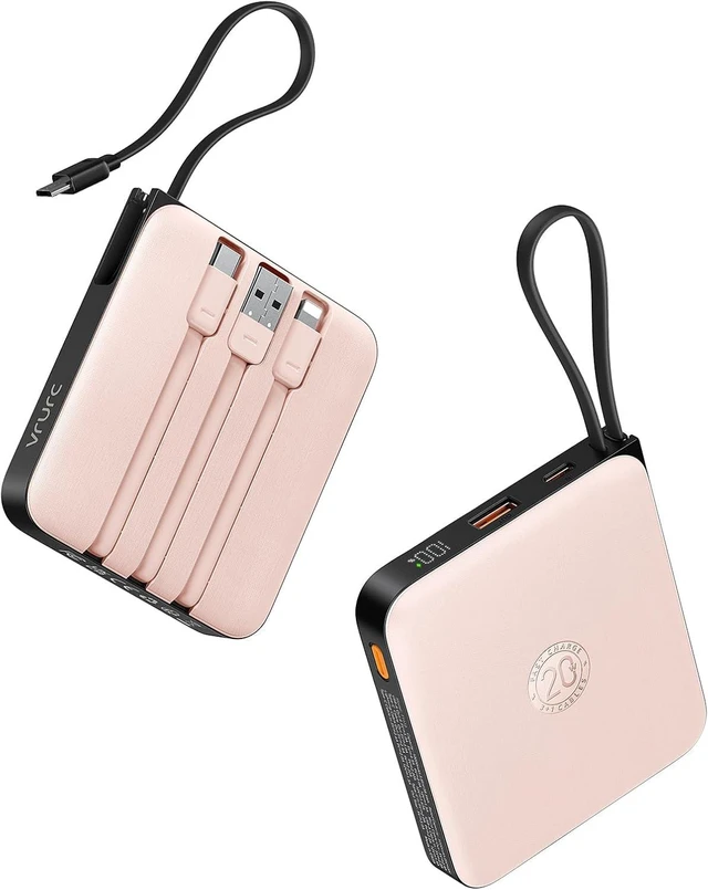 Main image of VRURC 20000mAh Power Bank Built-in Cables, Travel Essentials, Portable Charger 22.5W Fast Charging USB C Battery Pack, Phone Battery Bank for iPhone 17/16/15 Series, Android Phone - Pink(1 Pack)