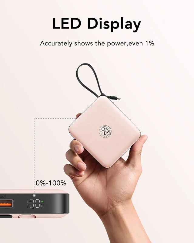 Alt view image 3 of 7 - VRURC 20000mAh Power Bank Built-in Cables, Travel Essentials, Portable Charger 22.5W Fast Charging USB C Battery Pack, Phone Battery Bank for iPhone 17/16/15 Series, Android Phone - Pink(1 Pack)