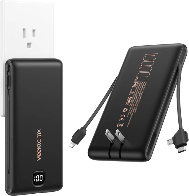 Main image of VEEKTOMX Portable Charger with Built-in Cables and AC Wall Plug, 10000mAh