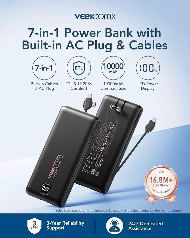 Alt view image 2 of 7 - VEEKTOMX Portable Charger with Built-in Cables and AC Wall Plug, 10000mAh