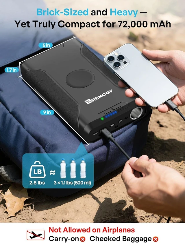 Alt view image 6 of 7 - Renogy 72000mAh 266Wh 12v Power Bank with 60W PD, CPAP Battery for Camping, High Capacity Large Camping Power Bank with USB-C DC Wireless Charging & Flashlight, Backup Power Supply for Starlink Mini