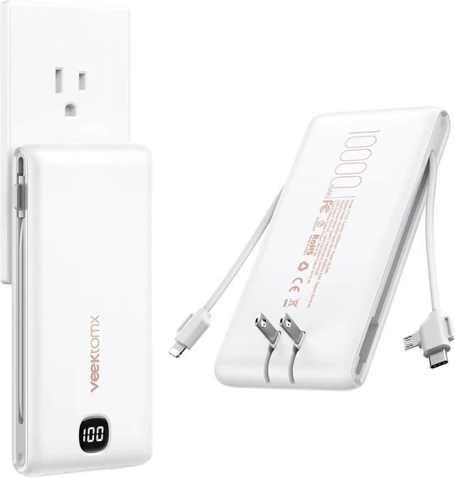Main image of Portable Charger with Built-in Cables and AC Wall Plug 10000mAh