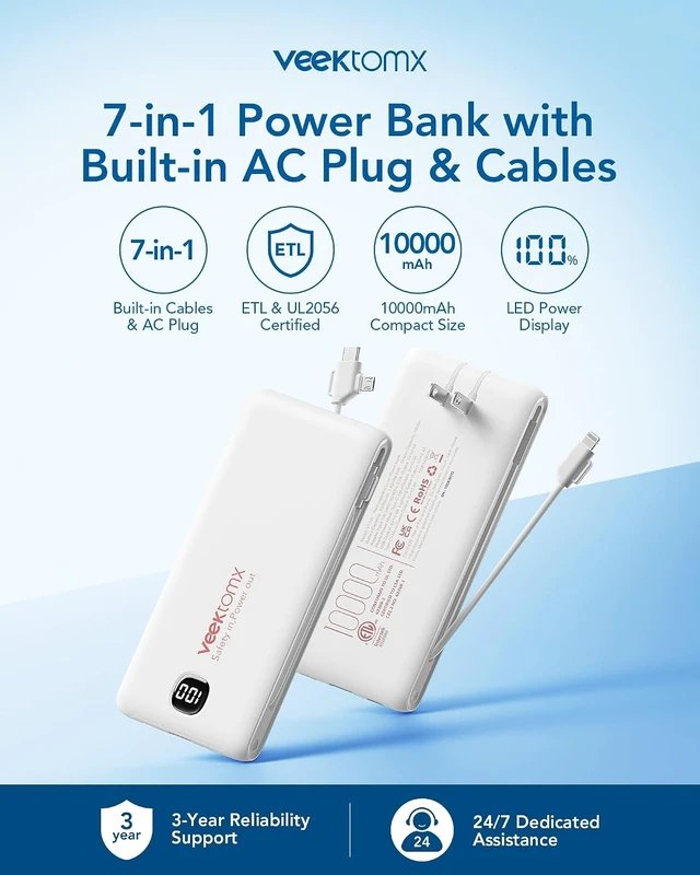 Alt view image 2 of 7 - Portable Charger with Built-in Cables and AC Wall Plug 10000mAh