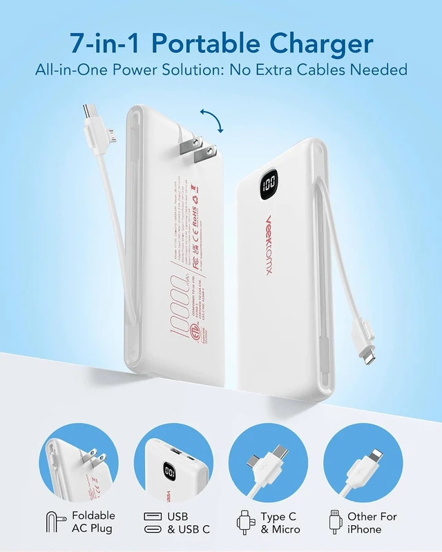 Alt view image 5 of 7 - Portable Charger with Built-in Cables and AC Wall Plug 10000mAh