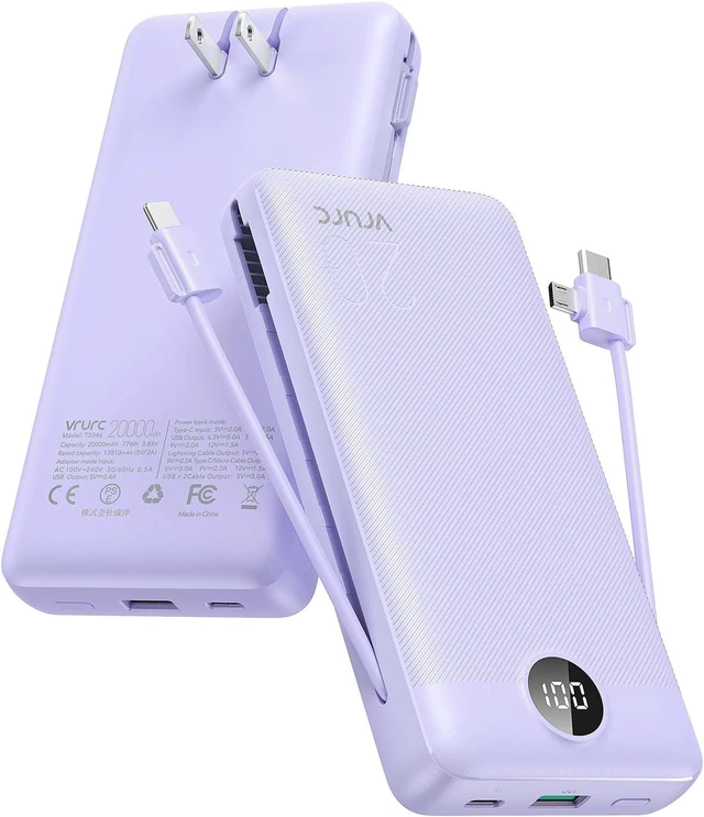 Main image of VRURC Portable Charger 20000mAh, Fast Charging Power Bank USB C,4 Output 2 Input Travel Essentials Charging Bank Equipped with LED Display,Built-in Wall Plug and Cables,Phone Charger Battery,Purple
