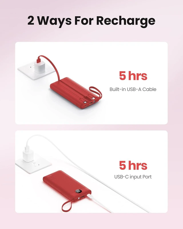 Alt view image 6 of 7 - Portable Charger Power Bank, External Battery Pack with Cords Wires, Light 10000mAh Travel Essentials Battery Bank 5 Outputs 2 Inputs LED Display Compatible with iPhone/Android &More(Magenta)