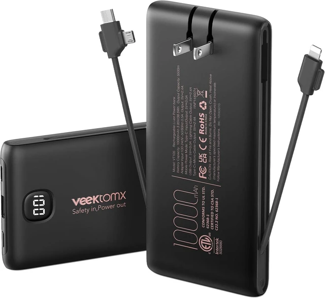 Main image of Portable Charger Power Bank Built in Cables and Wall Plug, 10000mAh iPhone Battery Pack Fast Charging, USB C External Slim Power Bank, Travel Essentials Compatible with iPhone 17 16 15 14 iPad, Black