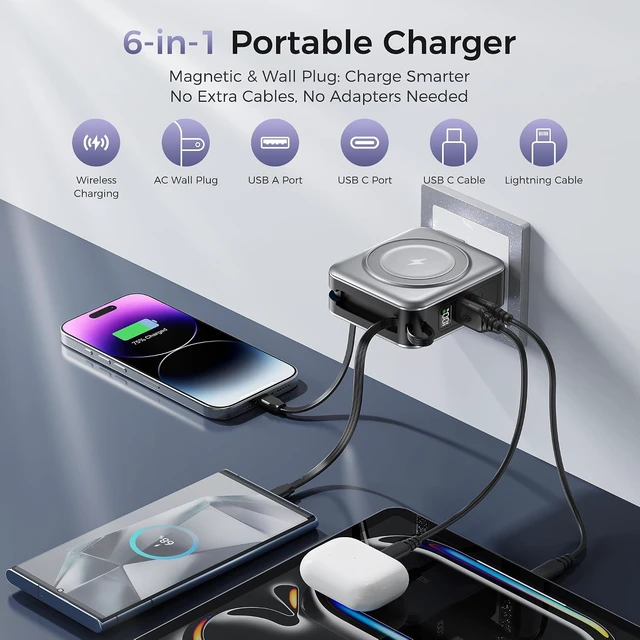Alt view image 2 of 7 - 10000mAh Portable Charger Power Bank Built in Cables&Wall Plug
