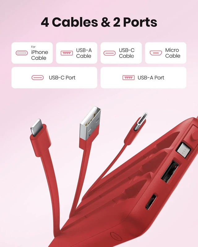 Alt view image 2 of 7 - Portable Charger Power Bank, External Battery Pack with Cords Wires, Light 10000mAh Travel Essentials Battery Bank 5 Outputs 2 Inputs LED Display Compatible with iPhone/Android &More(Magenta)
