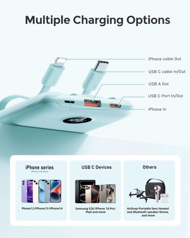 Alt view image 4 of 7 - Compact Portable Charger 10000mAh with Built-in Cables