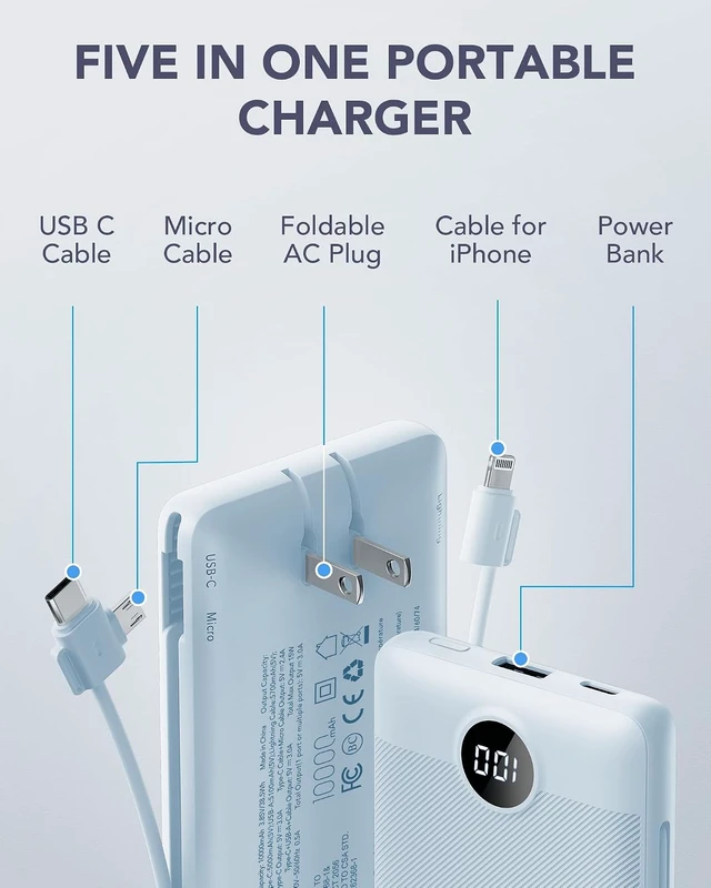 Alt view image 3 of 7 - VRURC Portable Charger, Power Bank Built-in Cables and AC Wall Plug