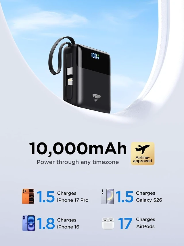 Alt view image 4 of 7 - Portable Charger 10000mAh Power Bank Fast Charging, 22.5W USB C Battery Pack with Built-in Cables, Small Portable Charger Travel Essentials Power Bank for iPhone 17 16 15 14, Samsung, iPad, Android