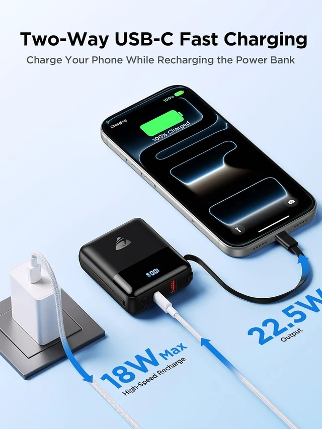 Alt view image 6 of 7 - Portable Charger 10000mAh Power Bank Fast Charging, 22.5W USB C Battery Pack with Built-in Cables, Small Portable Charger Travel Essentials Power Bank for iPhone 17 16 15 14, Samsung, iPad, Android