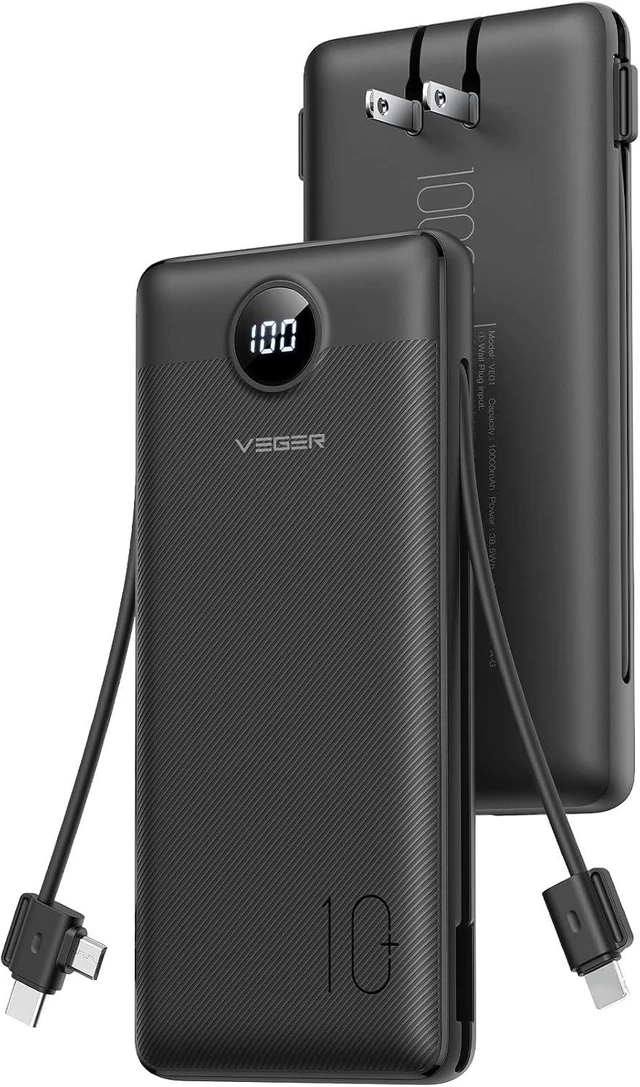 Main image of VEGER Portable Charger, 10000mAh Power Bank Built in Wall Plug and Cables