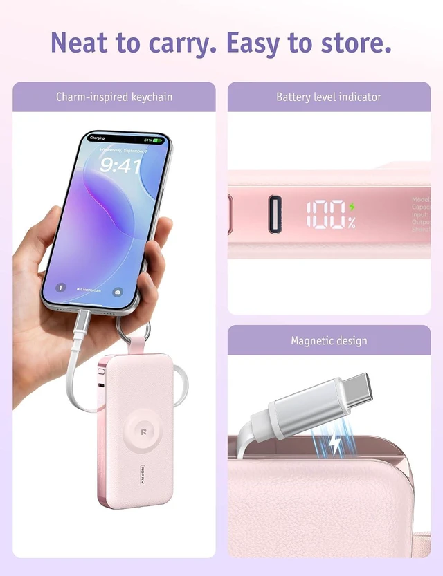 Alt view image 7 of 7 - RORRY CharmGo Portable Charger 3 in 1 iPhone Power Bank for Apple 12000mAh