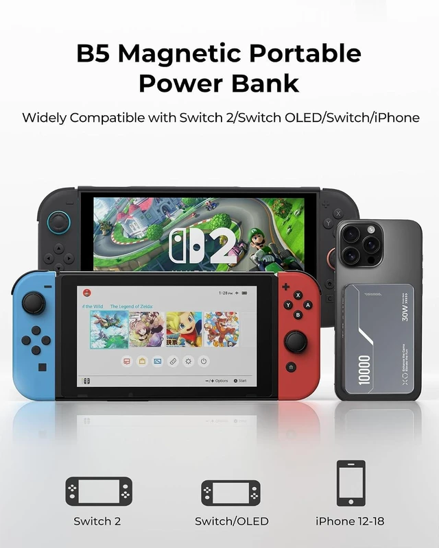 Alt view image 5 of 7 - Antank B5 Magnetic Power Bank 10000mAh for Nintendo Switch 2 2025, 30W PD Fast Charging Portable Battery Pack for Switch/OLED/iPhone 12-18, 3.5-8H Extended Playtime, 2 Removable Clips & 2 USB-C Cables