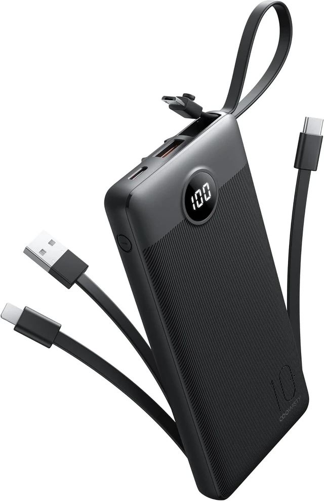 Main image of Portable Charger with Built-in Cables, Slim 10000mAh Power Bank with USB C, Travel Essentials External Battery Pack 5 Outputs 2 Inputs LED Display Compatible with iPhone/Android & More(Black)