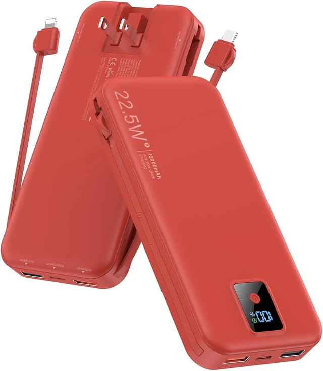 Main image of Portable Charger 12000mAh 22.5W w/Built-in Cable & Wall Plug Red