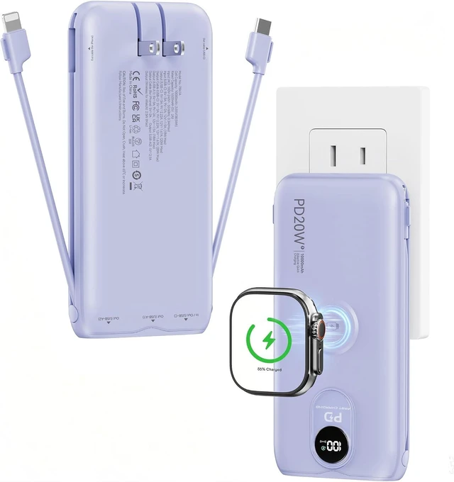 Main image of Portable Charger 10000mAh 20W, Wall Plug, 2 Cables, iWatch Charging