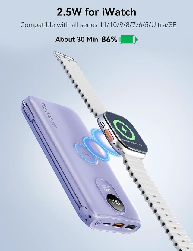 Alt view image 6 of 7 - Portable Charger 10000mAh 20W, Wall Plug, 2 Cables, iWatch Charging