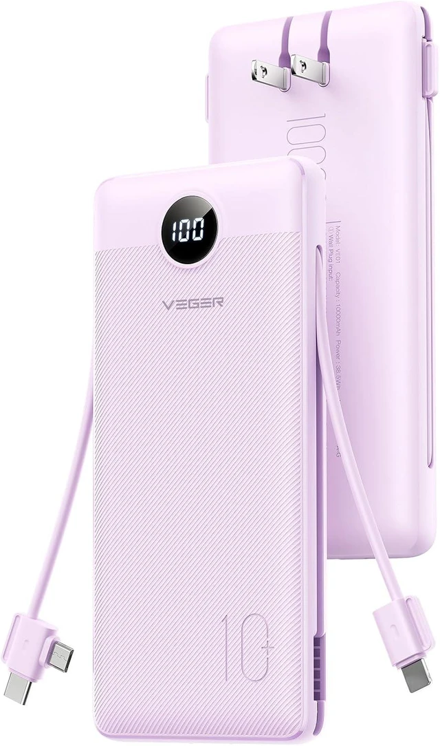 Main image of VEGER Portable Charger, 10000mAh Power Bank Built in Wall Plug and Cables