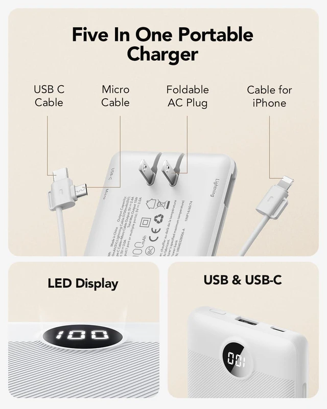 Alt view image 3 of 7 - VRURC Portable Charger, Power Bank Built-in Cables and AC Wall Plug