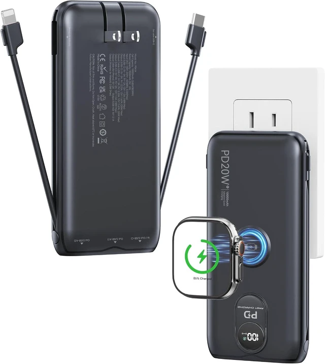Main image of Portable Charger 10000mAh 20W, Wall Plug, 2 Cables, iWatch Charging